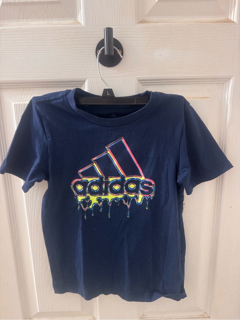 adidas Navy Tee with Rainbow Drip Logo size xs